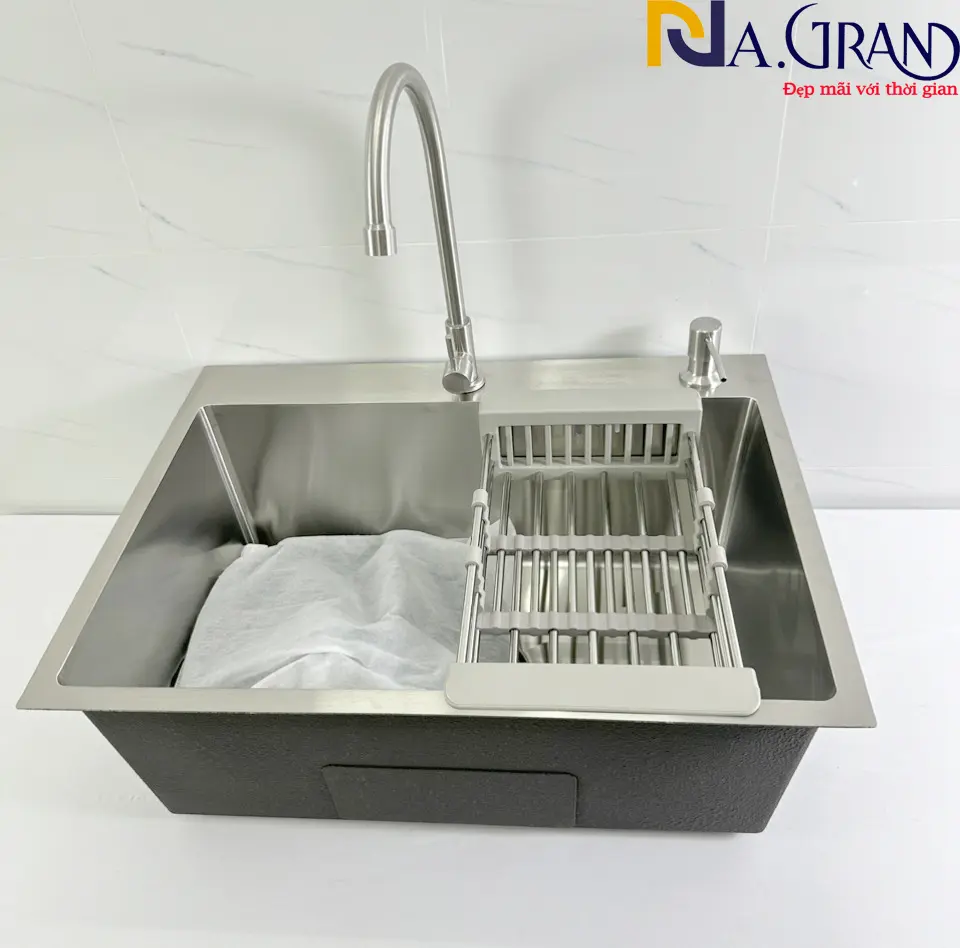 CHẬU ĐÚC Combo Chậu Rửa Chén Bát INOX SUS 304 N17 6045 NA.GRAND và Xả và Rổ và Vòi chén Lạnh và Bình rửa chén