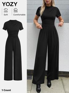 YOZY Women's Plain Ruched Wide Leg Jumpsuit, Casual Comfy Short Sleeve Jumpsuit for Daily Wear, Ladies Clothes for All Seasons, Clothing