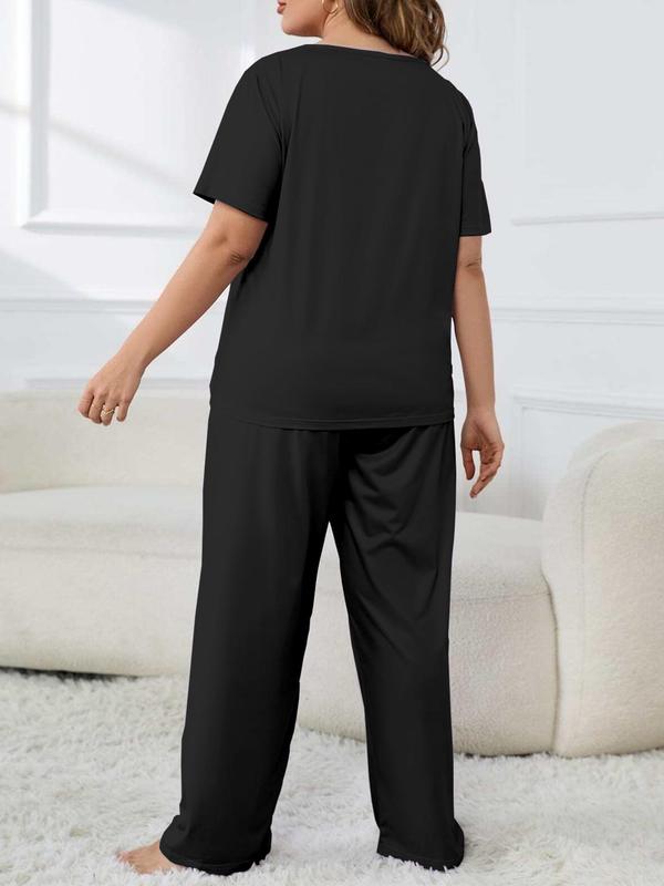 【Plus Size】 Letter Print Tee & Pants Loungewear Two-Piece Set, Casual Comfy Round Neck Short Sleeve T-Shirt & Trousers PJ Set, Women's Sleepwear for All Seasons 1