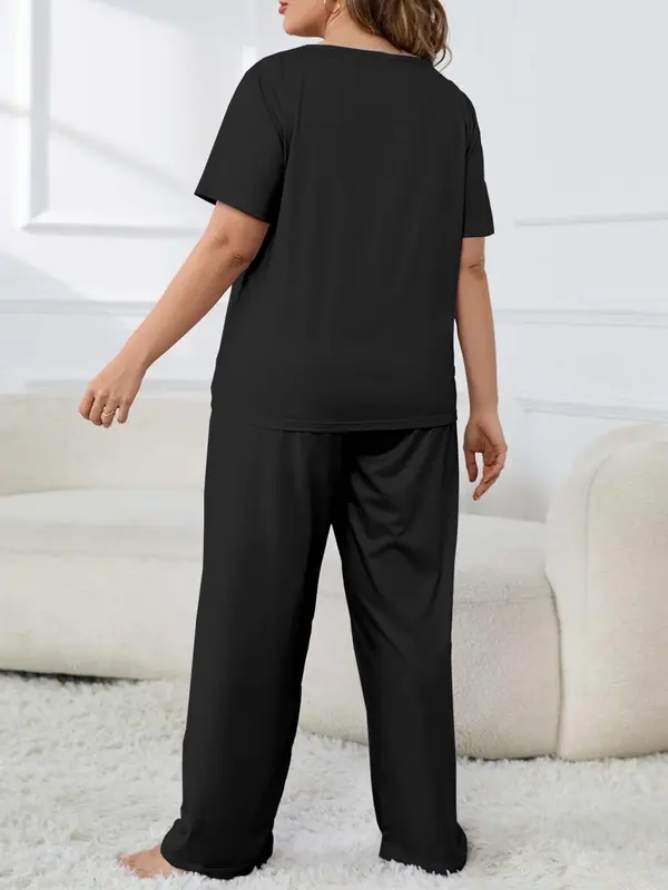 【Plus Size】 Letter Print Tee & Pants Loungewear Two-Piece Set, Casual Comfy Round Neck Short Sleeve T-Shirt & Trousers PJ Set, Women's Sleepwear for All Seasons 1