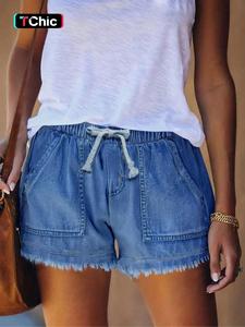 Women's Drawstring Waist Shorts, Casual Pocket Fringe Hem Shorts for Summer, Fashion Women's Bottoms for Daily Wear