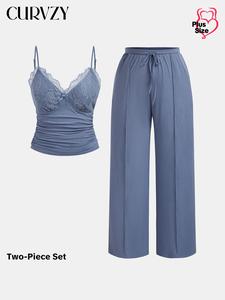 【Plus Size】Two-Piece Set CURVZY Solid Color Crop Cami Top & Wide Leg Pants Set, Casual Comfy Two-piece for Daily Wear, Women's Clothing for All Seasons