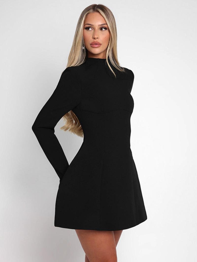 Product Introduction of Women's Plain Backless Button Decor A Line Dress, Elegant Long Sleeve Stand Collar Zipper Back Short Dress for Party Holiday Wedding Guest, Ladies Spring & Fall Clothes, Dresses for Women, Classy Modest Dresses 9