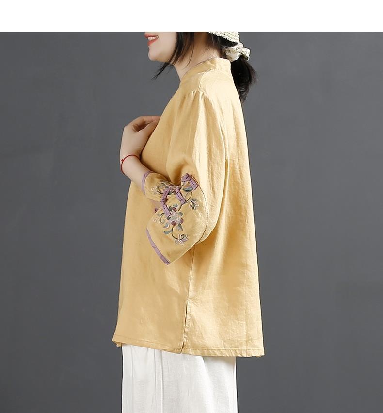 Product Introduction of Oemg2024 Summer New Chinese Style Retro Cotton and Linen Shirt Women's Chinese Style Stand-up Collar Frog Button Top Embroidered Cotton Tea Clothes 8
