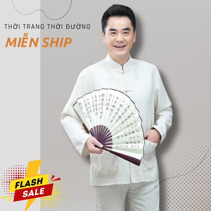 B5 Bộ Quần áo đũi nam trung niên sét tàu mặc ở nhà đi chơi đi lễ chùa sang trọng - Menswear Kem set đồ set đồ