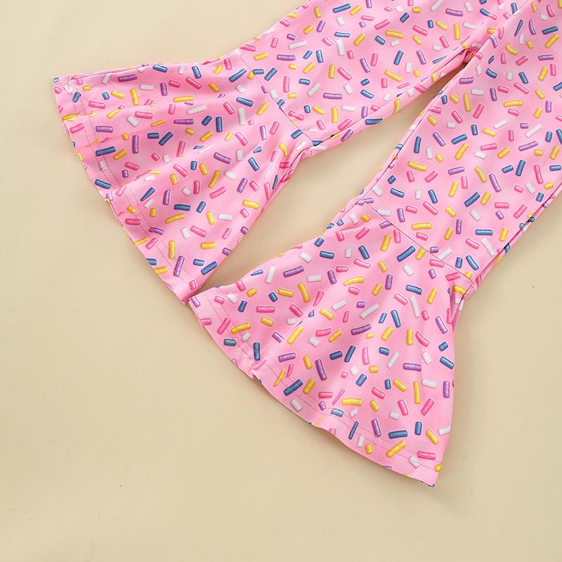 Product Introduction of Kids Girls T-shirt Trousers Set Letter Doughnut Print Short Sleeve Tops and Casual Flare Pants Headband Outfit 40
