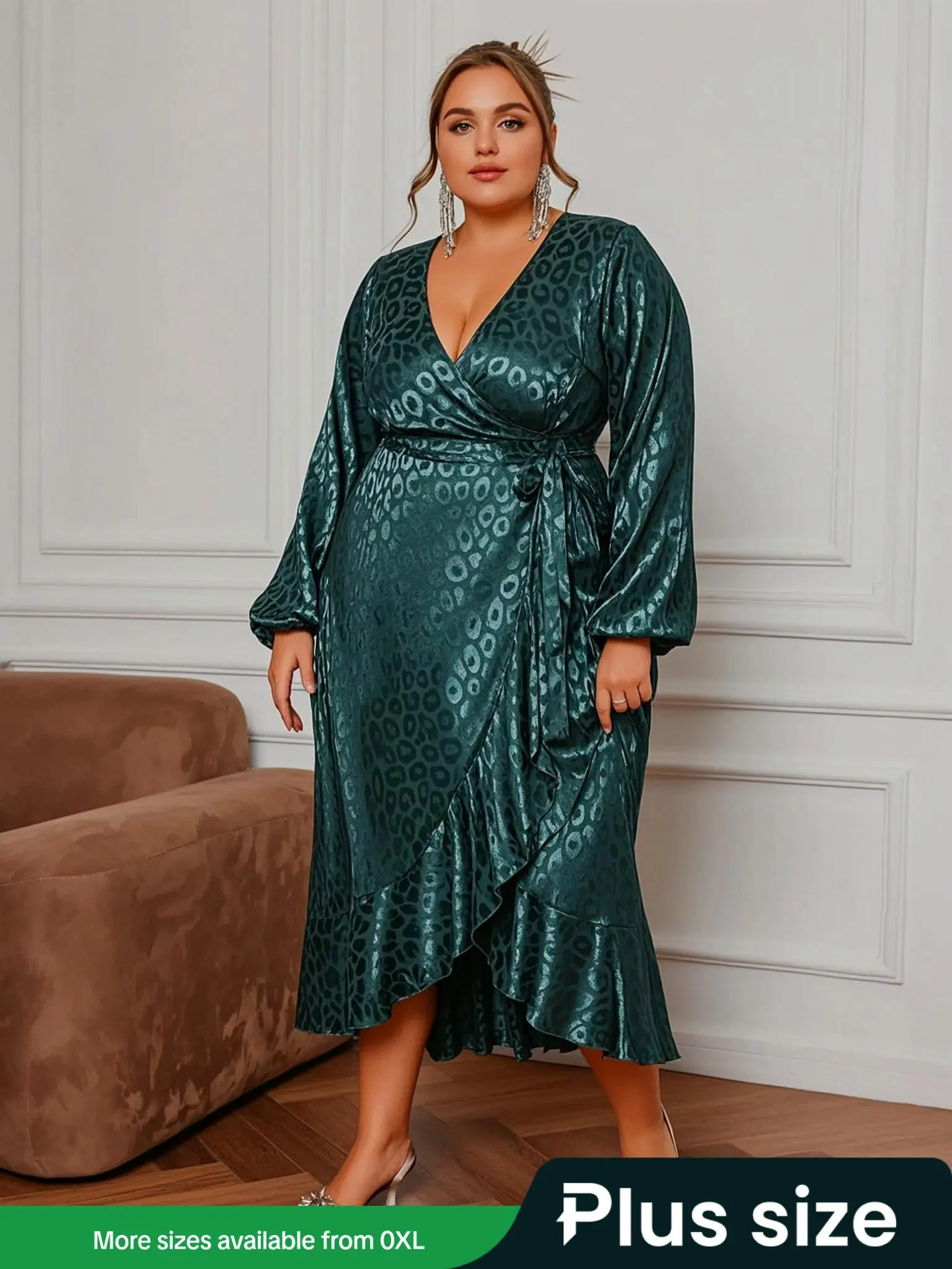 【Plus Size】 All Over Print Satin Dress, Elegant Long Sleeve Dress for Party Holiday Wedding Guest, Women's Clothes for Spring & Fall