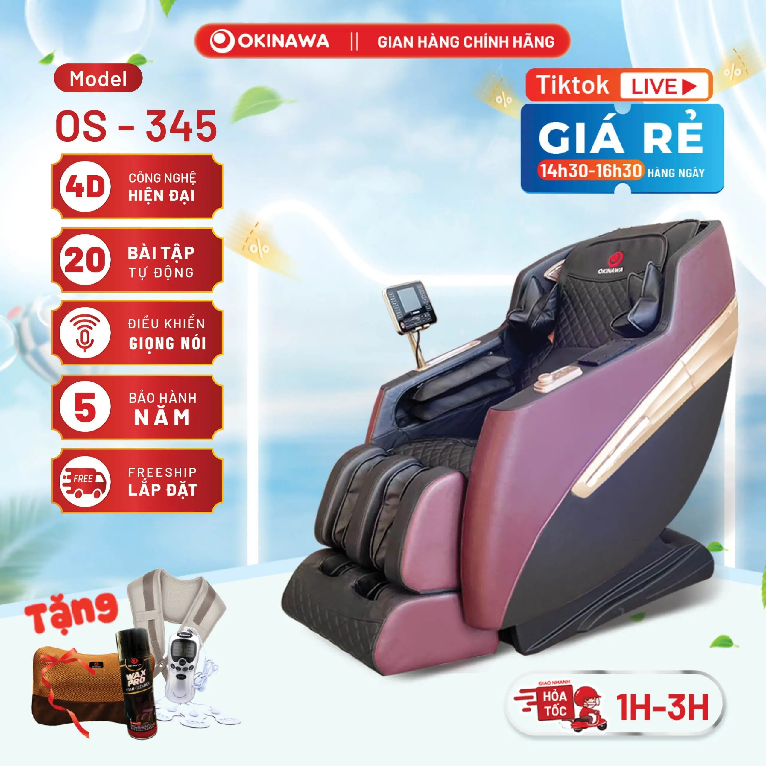 [Con lăn di chuyển 4D] [FREESHIP+QUÀ TẶNG] Ghế massage toàn thân Okinawa Os-345, nhiệt hồng ngoại vùng lưng, Máy Massage