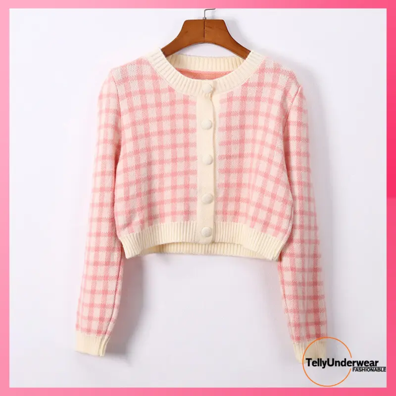 TELLY 079 Kardigan Cardigan Long Sleeve Knit Pakaian Wanita Cardigan Motif Kotak-Kotak Baju Kancing Lembut Panjang   Sweater Knitwear Atasan 0