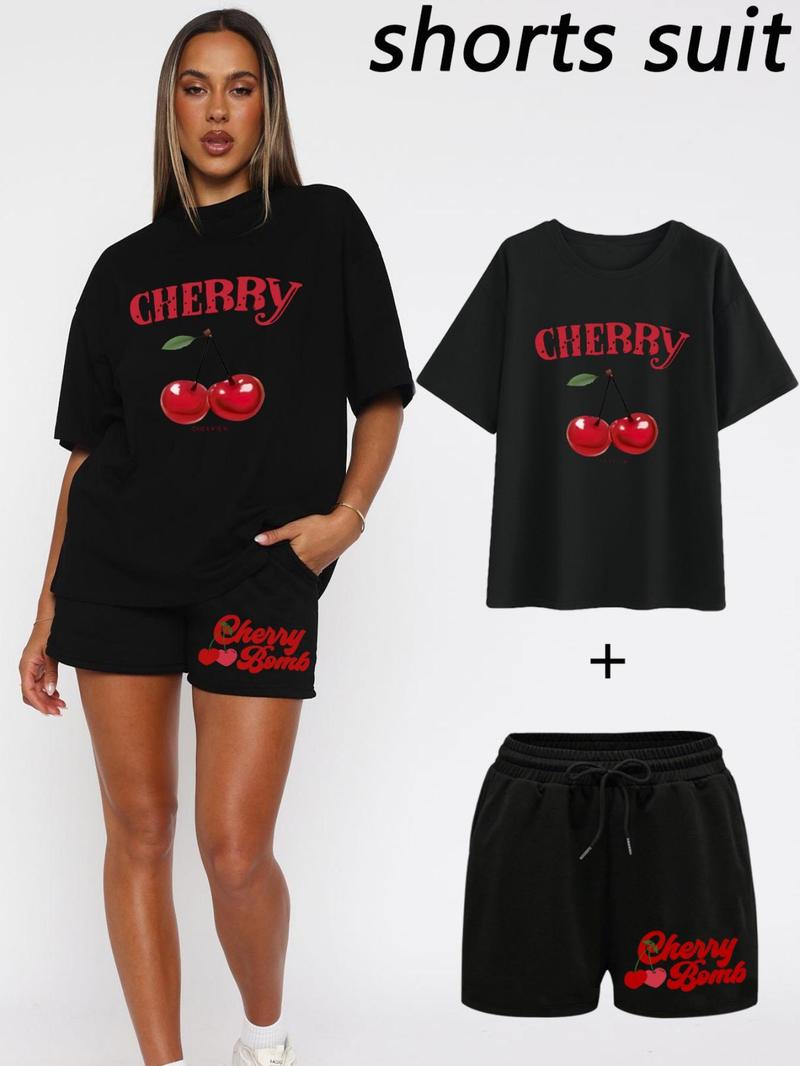 Product Introduction of Women's Cherry Print Short Sleeve T-shirt & Drawstring Waist Shorts Two-piece Set, Casual Fashion Cozy Tee & Shorts for Daily Outdoor Wear, Ladies Summer Clothes, Womenswear 1