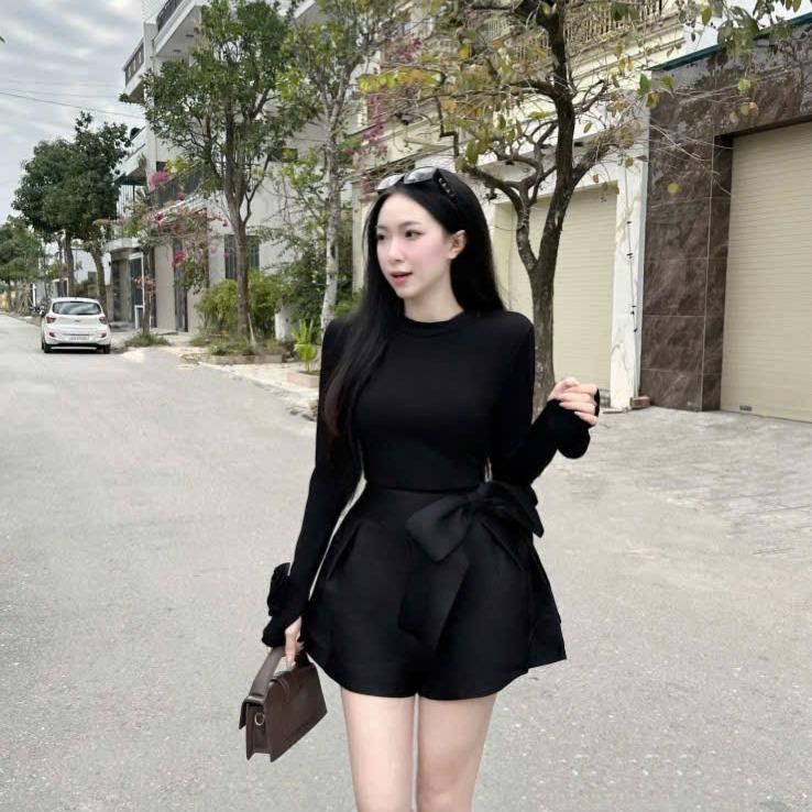 Set Áo Thun Đính Hoa Tay Áo và Chân Váy Tafta Đính Nơ Eo setvayxinh váy  đỏ váyngan vay  mactet