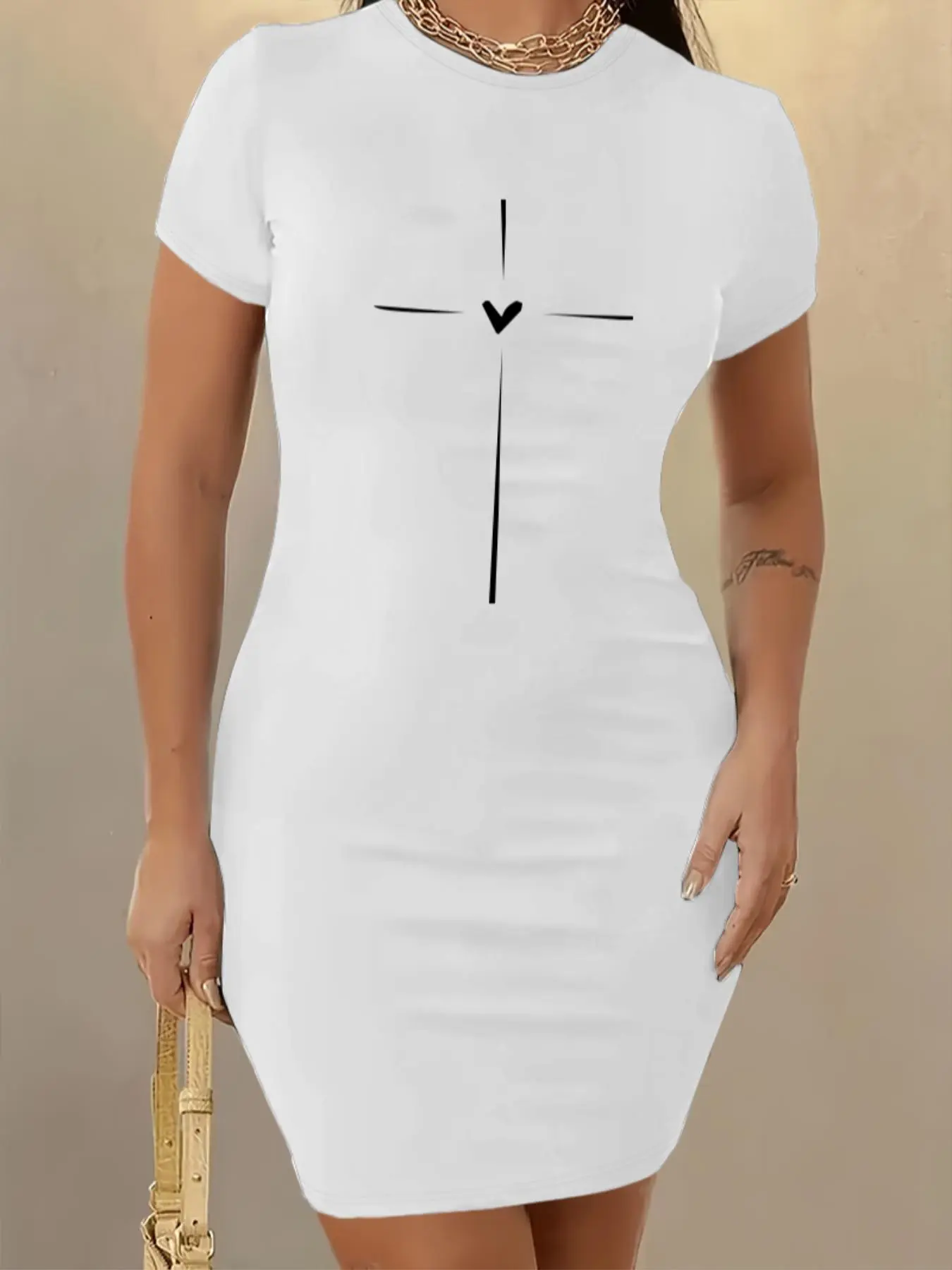 Women's Letter Print Round Neck Tee Dress, Casual Short Sleeve Crew Neck Short Dress for Daily Wear, Ladies Clothes for All Seasons