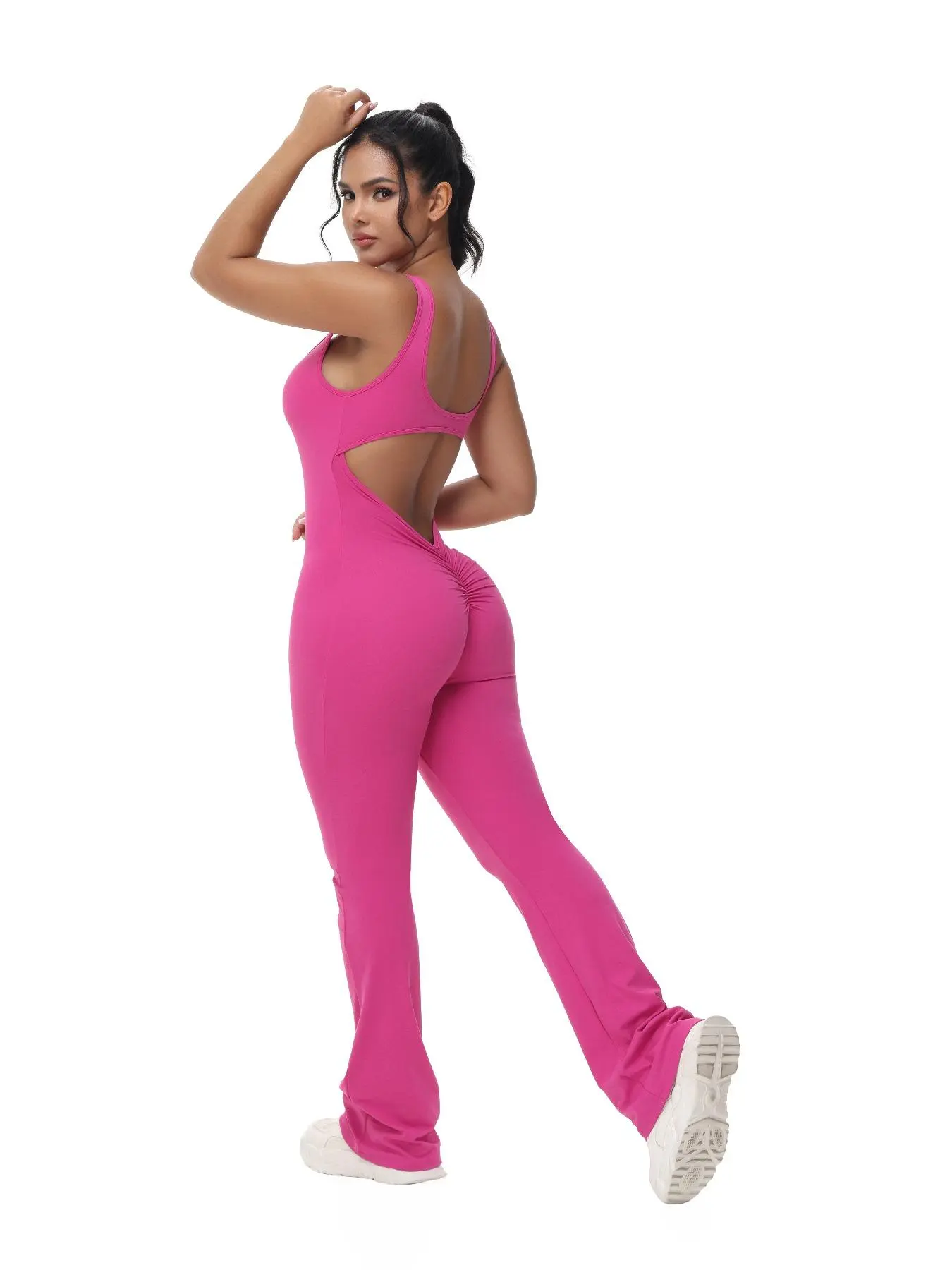 Women's Minimalist Cut Out Ruched Backless Sports Jumpsuit, Lady Basic Comfort Scoop Neck Sleeveless High Waist Bodycon Jumpsuit for Yoga Gym Workout, Womenswear for All Seasons, Ladies Sportswear