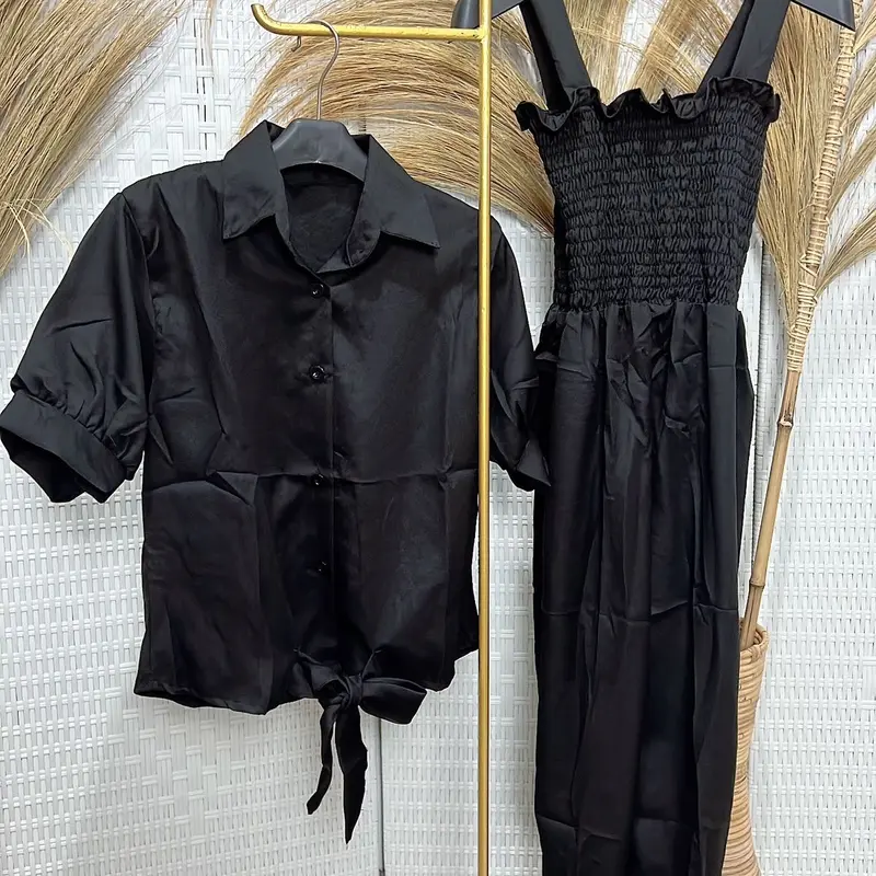 2SISTERS/ JAMSUIT CHERLY 2IN1/ PAKAIANwanita/FASHIONwanita Polos Polos kancing karet Wanita Setelan 3