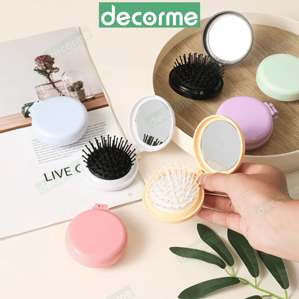 Gương lược mini Decorme có thể gấp gọn, lược trải đầu massage cầm tay nhỏ gọn tiện lợi phong cách cute dễ thương