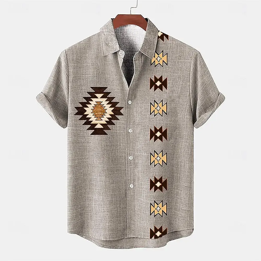 Men's summer fashion casual linen 3D printed Hawaiian high-end short sleeved shirt