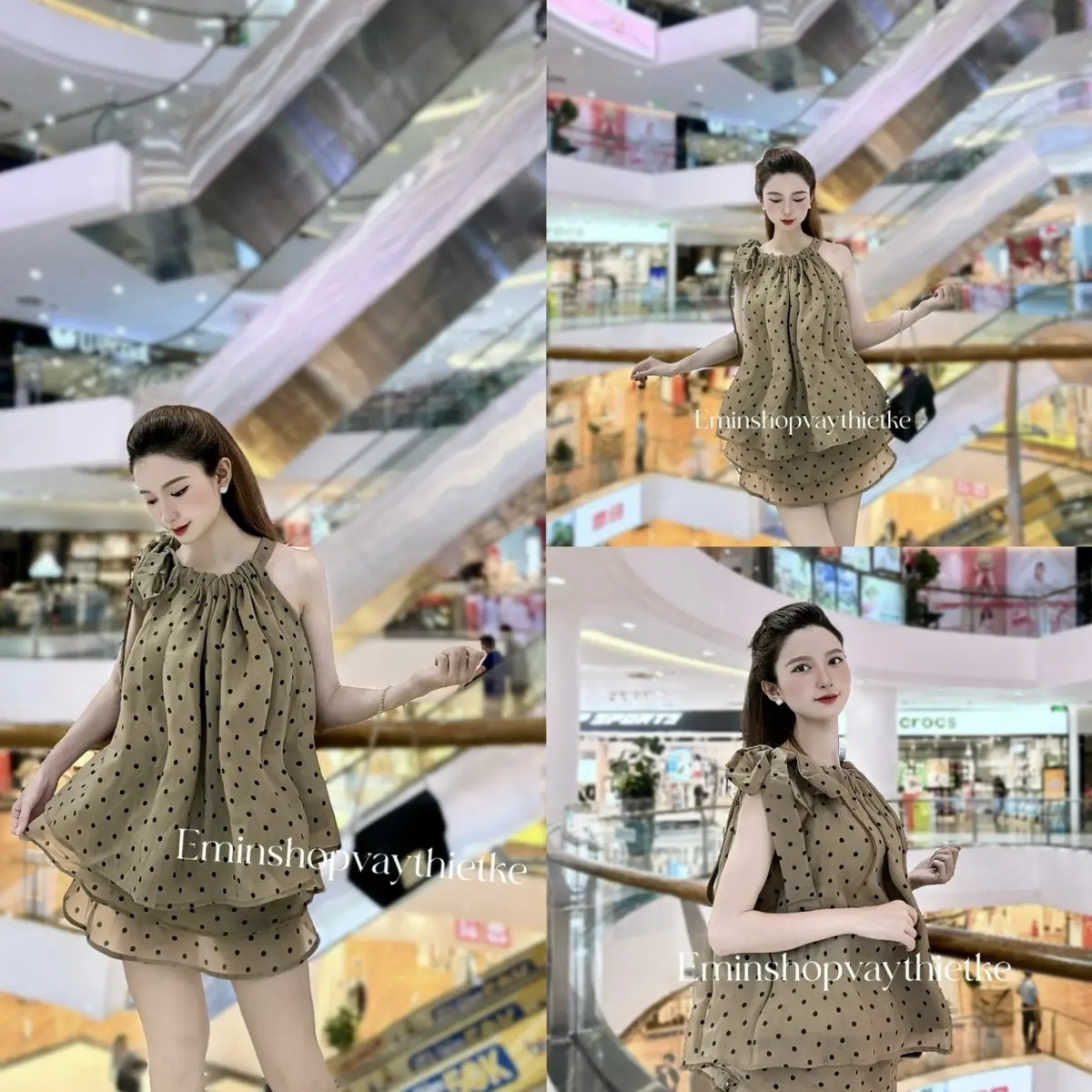 Set chấm bi thắt nơ vay (áo + chân váy 2 lớp) set váy tiểu thư By Eminshopvaythietke