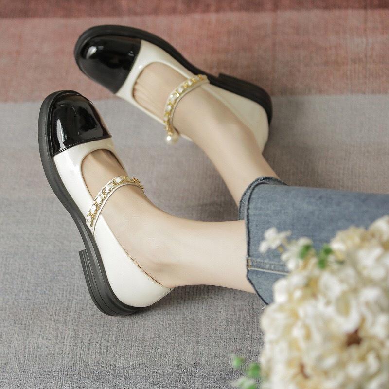 giày Lolita nữ đế bệt mary jane M'MIIY đế bằng mũi bóng quai hạt ngọc siêu sang