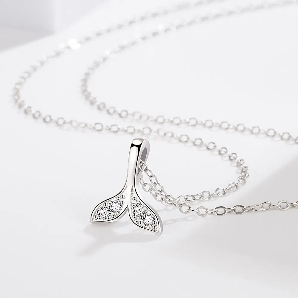 Silver Beauty Fish Tail Design Pendant, Elegant Collarbone Chain Set With Rhinestones For Women