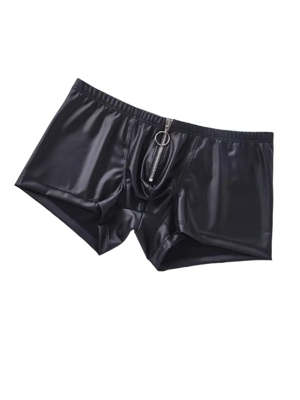 Men's Solid Color Zipper Fly Boxer Brief, Comfy Breathable Sexy Faux Leather Boxer Briefs for Daily Wear, Men's Underwear for All Seasons, Undergarments 0