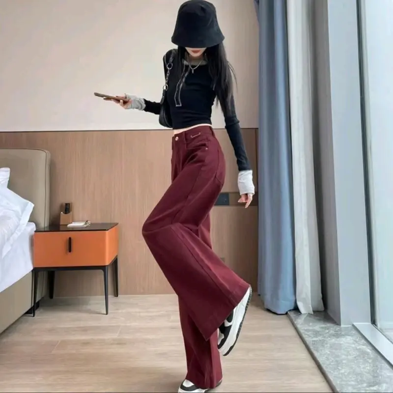 Quần Jean Nữ Ống Suông Rộng Màu Đỏ Lưng Cao Hack Dáng New Trend 2025 đô 1