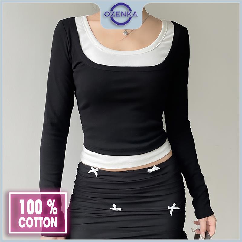 Áo baby tee croptop tay dài cổ rộng cotton ôm body ozenka , áo crt nữ ullzang cổ vuông đen trắng mặc đi học đi chơi Shirt Jean Denim Sơ Mi Women Thun