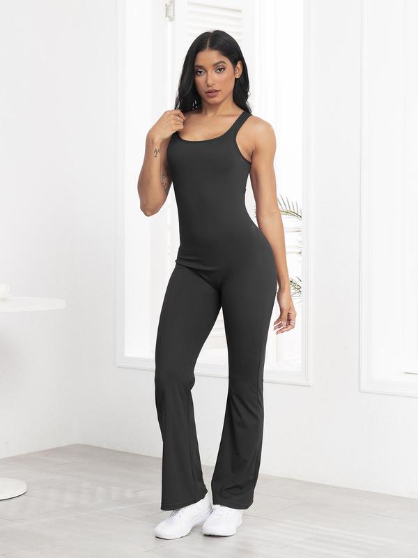 Women's Summer Plain Ruched Cut Out Sports Flare Leg Jumpsuit, Solid Scoop Neck Backless Sleeveless Bodycon Bell Bottom Jumpsuit for Yoga Gym Workout, Ladies Sportswear for All Seasons, Womenswear 7