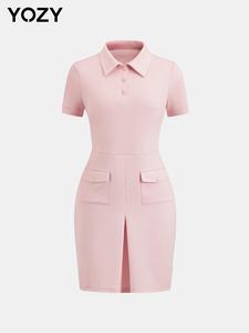 YOZY Women's Plain Pocket Polo Collar Dress, Casual Short Sleeve Dress for Summer, Ladies Clothes for Daily Wear