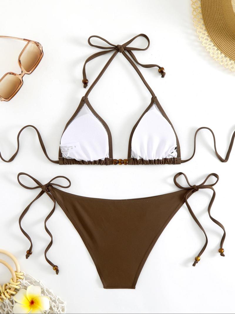 Product Introduction of Two-Piece Set Women's Solid Beaded Tie Back Bikini Set, Boho Fashion Halter Triangle Swim Top & Tie Side Swim Bottom for Beach Holiday Vacation, Ladies Summer Clothes 6