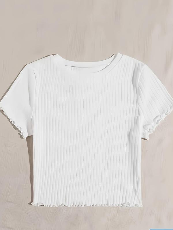 Women's Solid Lettuce Trim Round Neck Ribbed Tee, Casual Short Sleeve Crew Neck T-shirt for Summer, Fashion Women's Top for Daily Wear 5