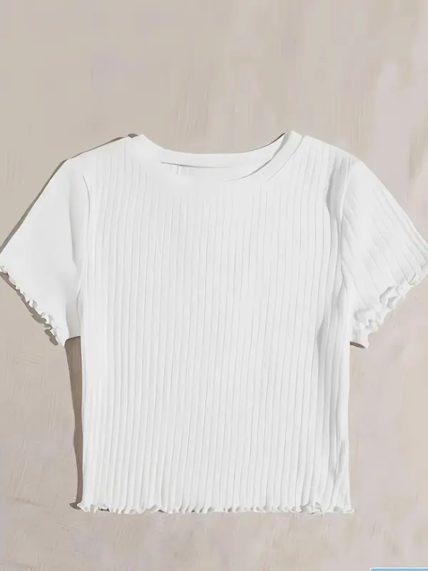 Women's Solid Lettuce Trim Round Neck Ribbed Tee, Casual Short Sleeve Crew Neck T-shirt for Summer, Fashion Women's Top for Daily Wear 2