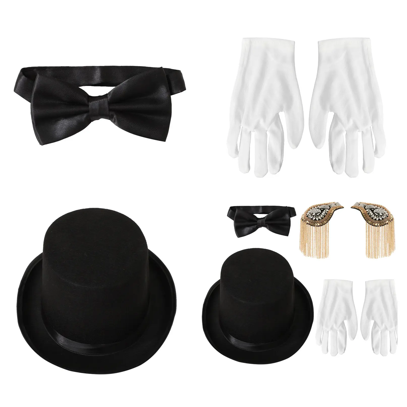 TiaoBug 4 Piece Halloween Magician Set Magician Top Hat Black Bow Tie White Gloves Tassel Epaulette Adult Mottoparty Carnival Accessories