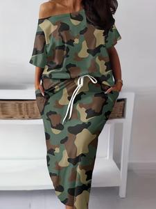 【Plus Size】 Two-piece Set Camo Print Tee & Drawstring Waist Skirt Set, Casual Asymmetrical Neck T-shirt & Pocket Skirt for Daily Wear, Women's Two-piece Outfits for Summer