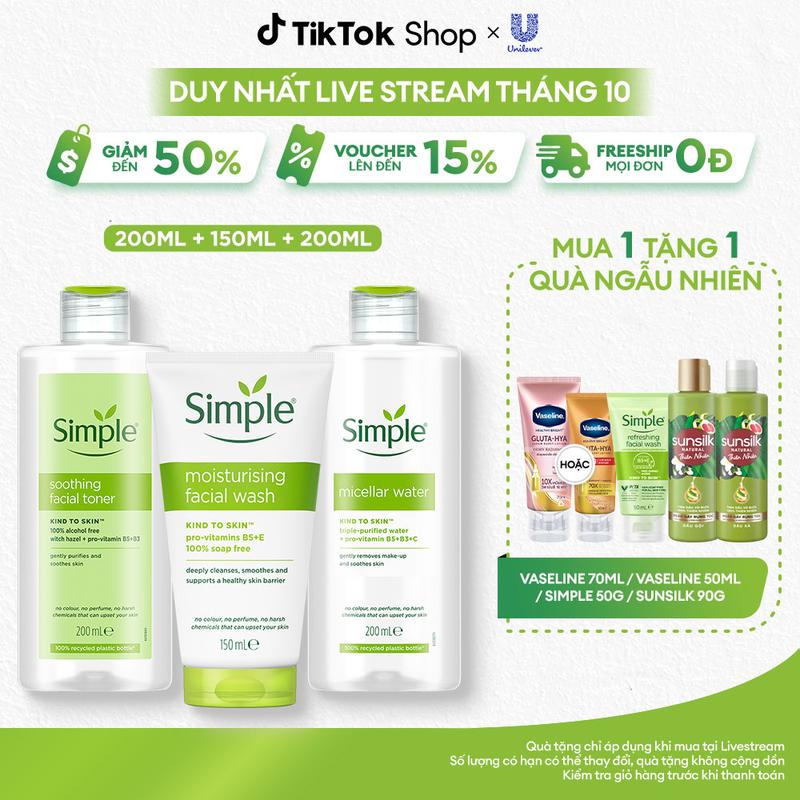 Combo 3 Skincare Simple Nước Tẩy Trang 200ml Sạch Sâu Ẩm Mịn + Sữa Rửa Mặt Cấp Ẩm Sâu 150ml + Nước Hoa Hồng Làm Dịu & Cân Bằng Da 200ml - Dành Cho Da Thường [1]