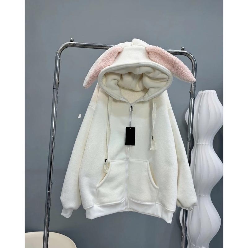 Áo khoác nỉ hoodie zip tai thỏ siêu xinh áo lót dày dặn form rộng unisex
