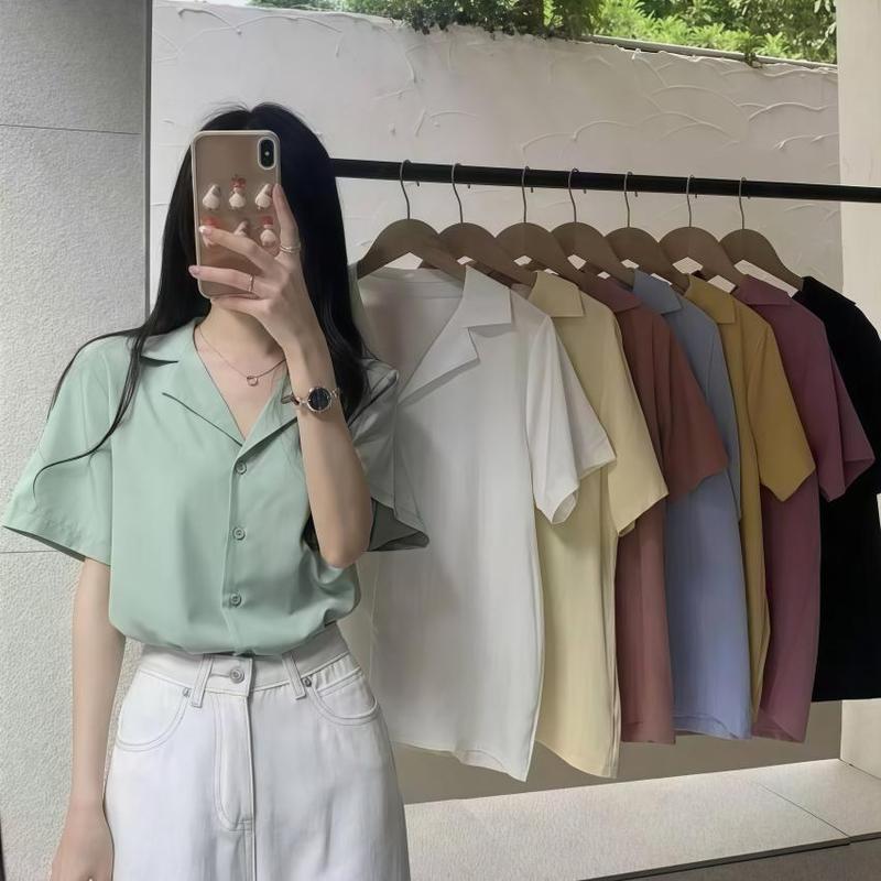 Bythree Causual Polo V-neck withCollar Korean Blouse Womenswear ChiffonShort Sleeves Solid Color W003B blouse koreabusiness outfits Shirts Top Comfort BasicCasual 2