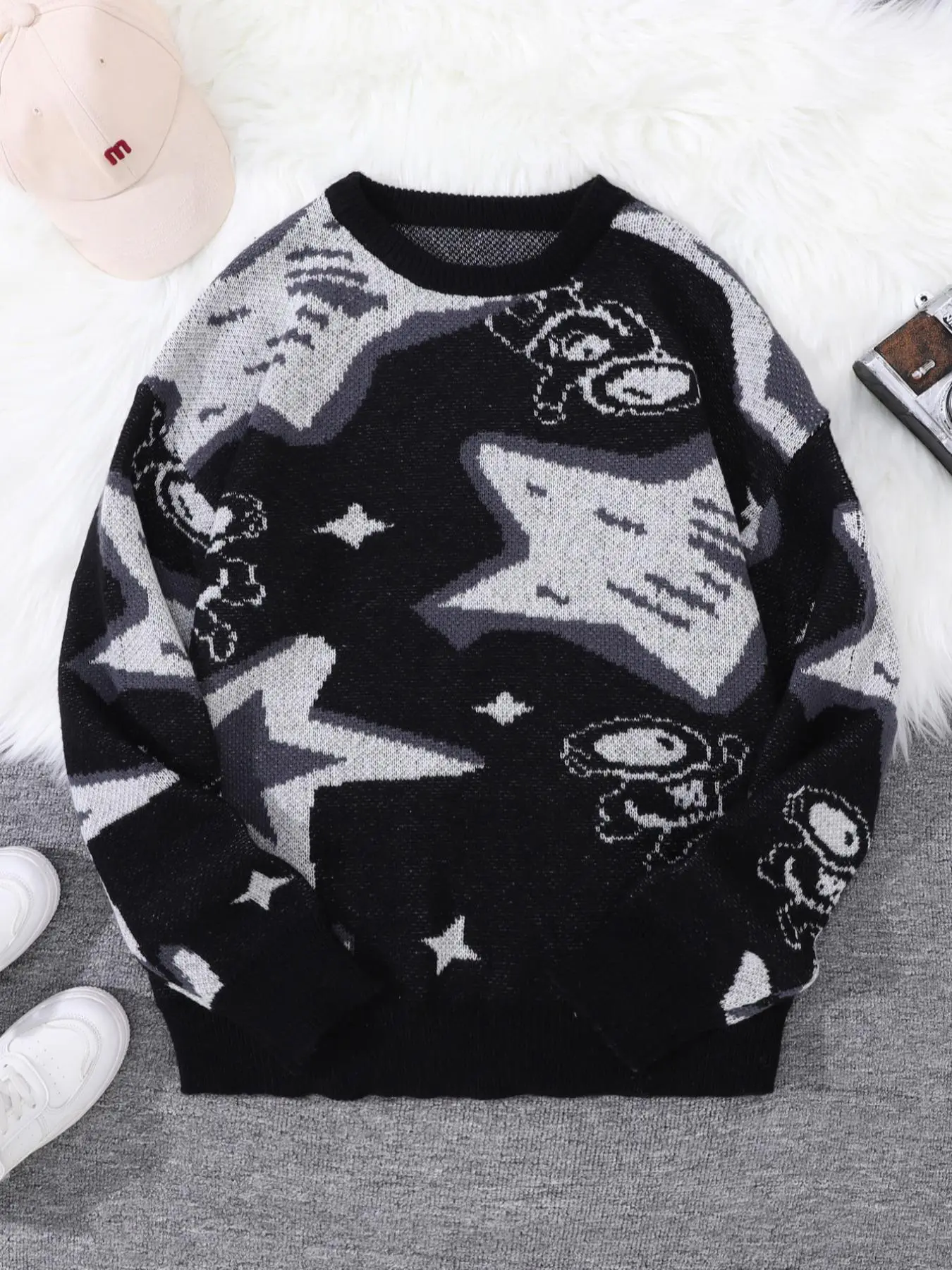Men's Star & Astronaut Jacquard Round Neck Sweater, Casual Regular Fit Long Sleeve Jumper for Spring & Fall, Fashion Men's Knitwear for Daily Wear, Soft Top Men, Melange Sweater Man