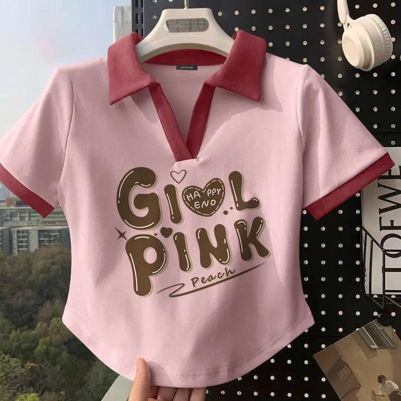 Product Introduction of American Retro Short-sleeved T-shirt for Women in Summer Contrasting Color Polo Shirt Design Niche Chic Short Top Ins Trendy Women 4