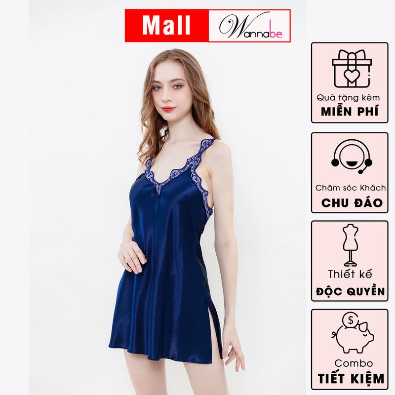 Váy ngủ lụa nữ WANNABE Đầm ngủ 2 dây lụa cổ tim cut-out lưng sâu viền ren lượn sóng từ trước ra sau khoe vai trần gợi cảm Women Dress Voan DNS85 dam  ngu phi lua