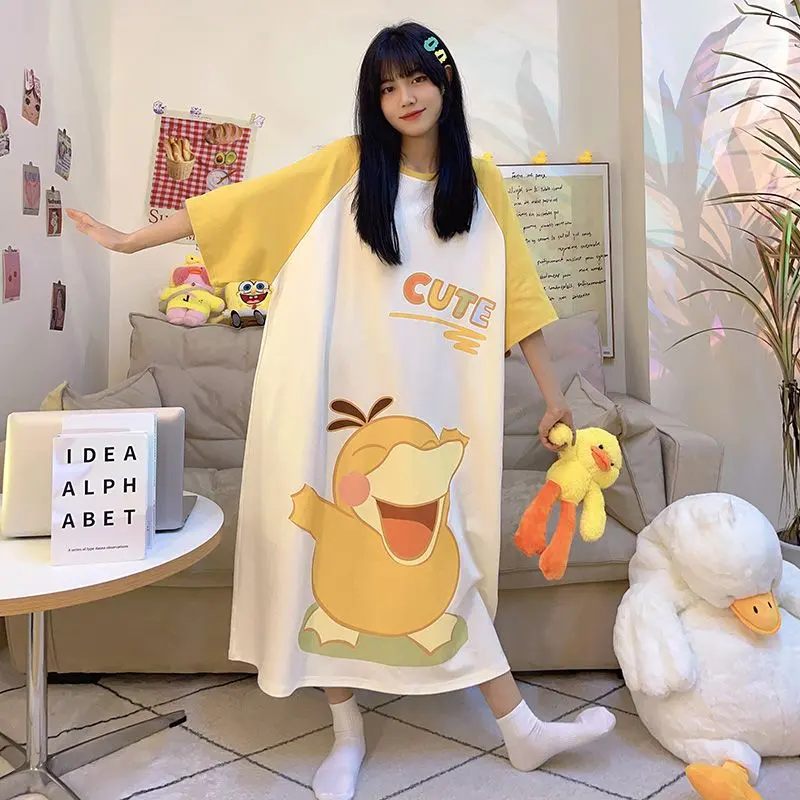 Váy Ngủ Psyduck, Dành Cho Phụ Nữ, Phong Cách Mùa Hè, Thiết Kế Hoạt Hình Dễ Thương, Dáng Rộng Vừa Vặn, Ngoại Cỡ, Phổ Biến Trên Internet, Thích Hợp Mặc Ngoài Trời, Mùa Hè 2024