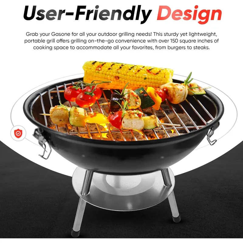 14-inch Portable Barbecue Grill with 3-Point Locking Lid for Heat Preservation – Dual Venting System – Small Charcoal Grill for Backyard, Camping, Boat  Ash Bbq Metal 4