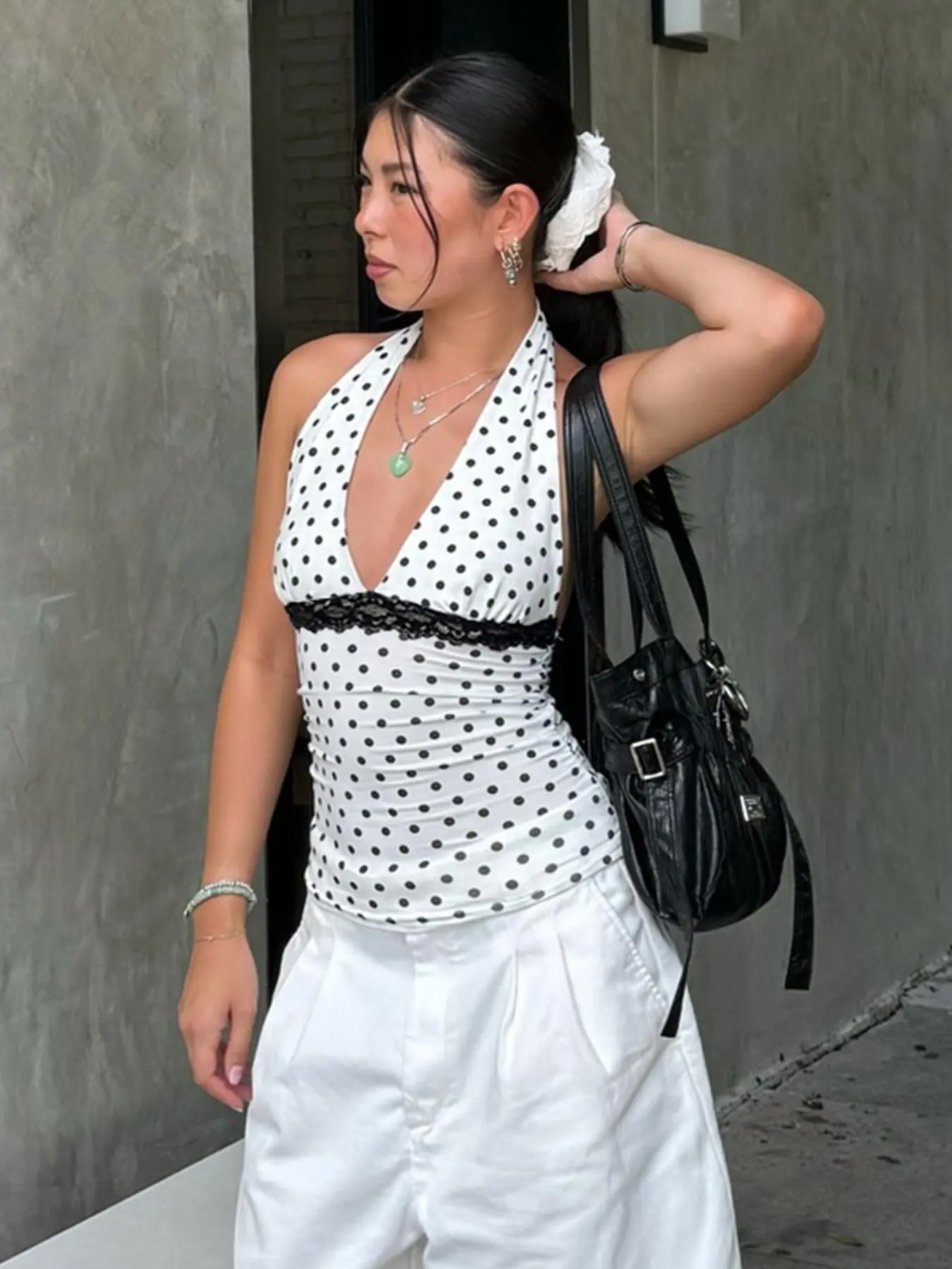Women's Polka Dot Print Contrast Lace Halter Neck Top, Fashion Casual Backless Sleeveless Top for Daily Outdoor Wear, Ladies Clothes for Summer