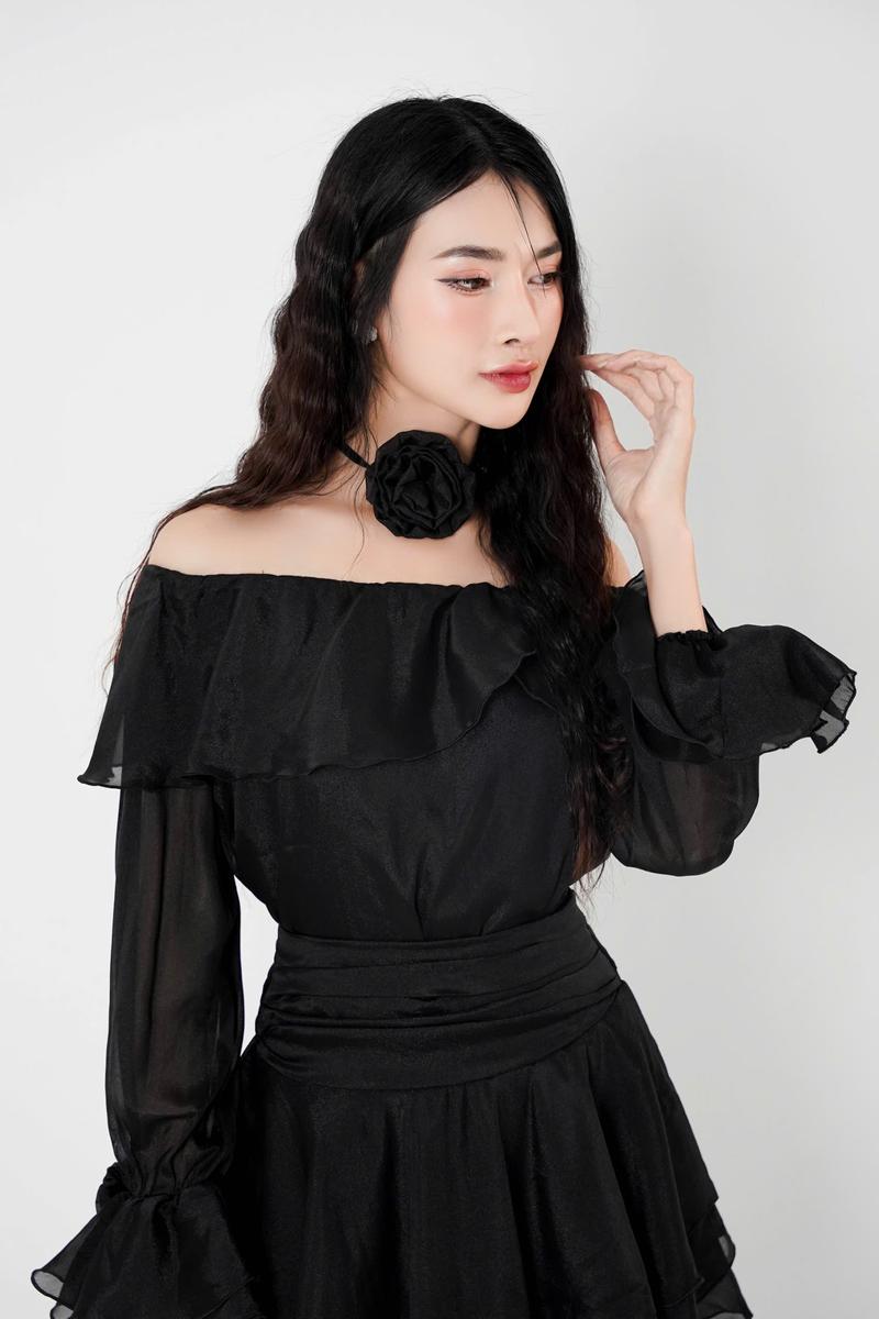 Product Introduction of Váy Dự Tiệc Trễ Vai Tay Đính Hoa Phối Chân Váy Xòe 3 Tầng Cira Boutique D0939 - Voan Tơ - Size S/M/L - Be/Xanh/Đen - Nữ - Dress, Women Tre váy  tiệc 33