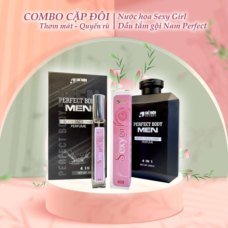 Combo Cặp Đôi Thơm Mát Quyến Rũ Chí Thiện- Dầu tắm gội nam 4in1 Perfect Men Body Chí Thiện 350 ml, Nước Hoa Nữ Sexy Girl Chí Thiện 10 ml