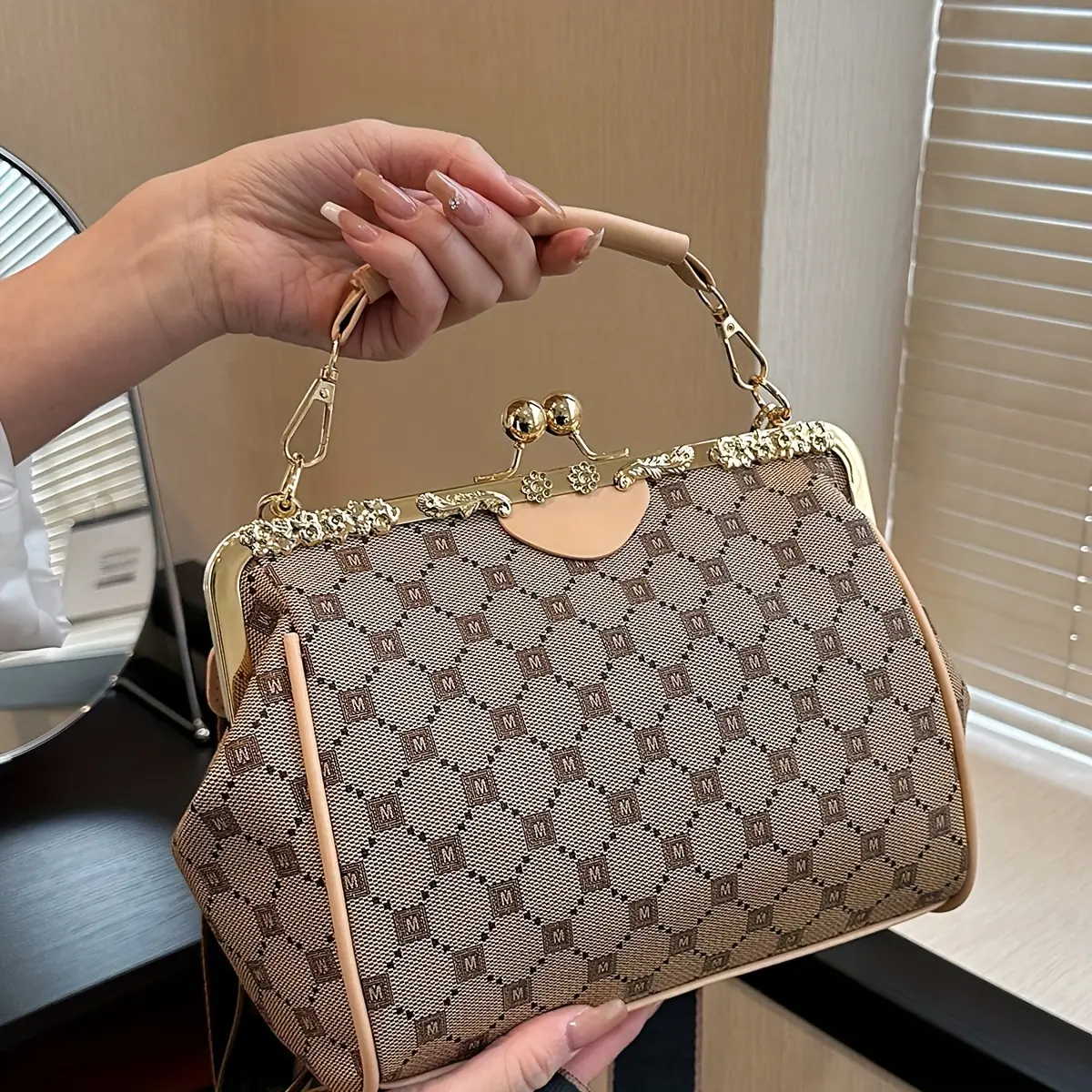 Classic Kiss-Lock Shoulder Bag, Retro Textured Top Handle Purse, Women's PU Leather Letter Plaid Pattern Bag