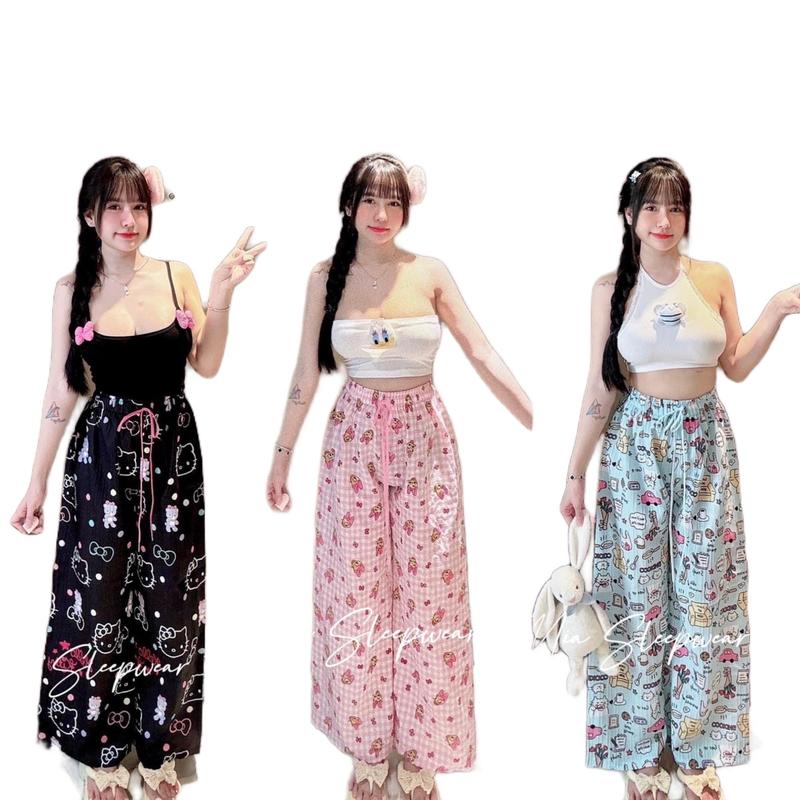 DA3- sét đồ bộ nữ, áo thun tăm croptop kèm tag gấu bông, quần suông ống rộng, chất đũi xốp, họa tiếc hoạt hình ( Hoa pink- freesize 38-56kg)  Women Kem Ong