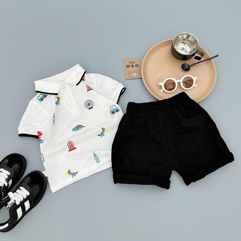 Set Polo In Hình Khủng Long, Oto 2 Màu Đen, Trắng Áo Cotton Mix Quần Thô Kaki Bé Trai Có Cổ 0
