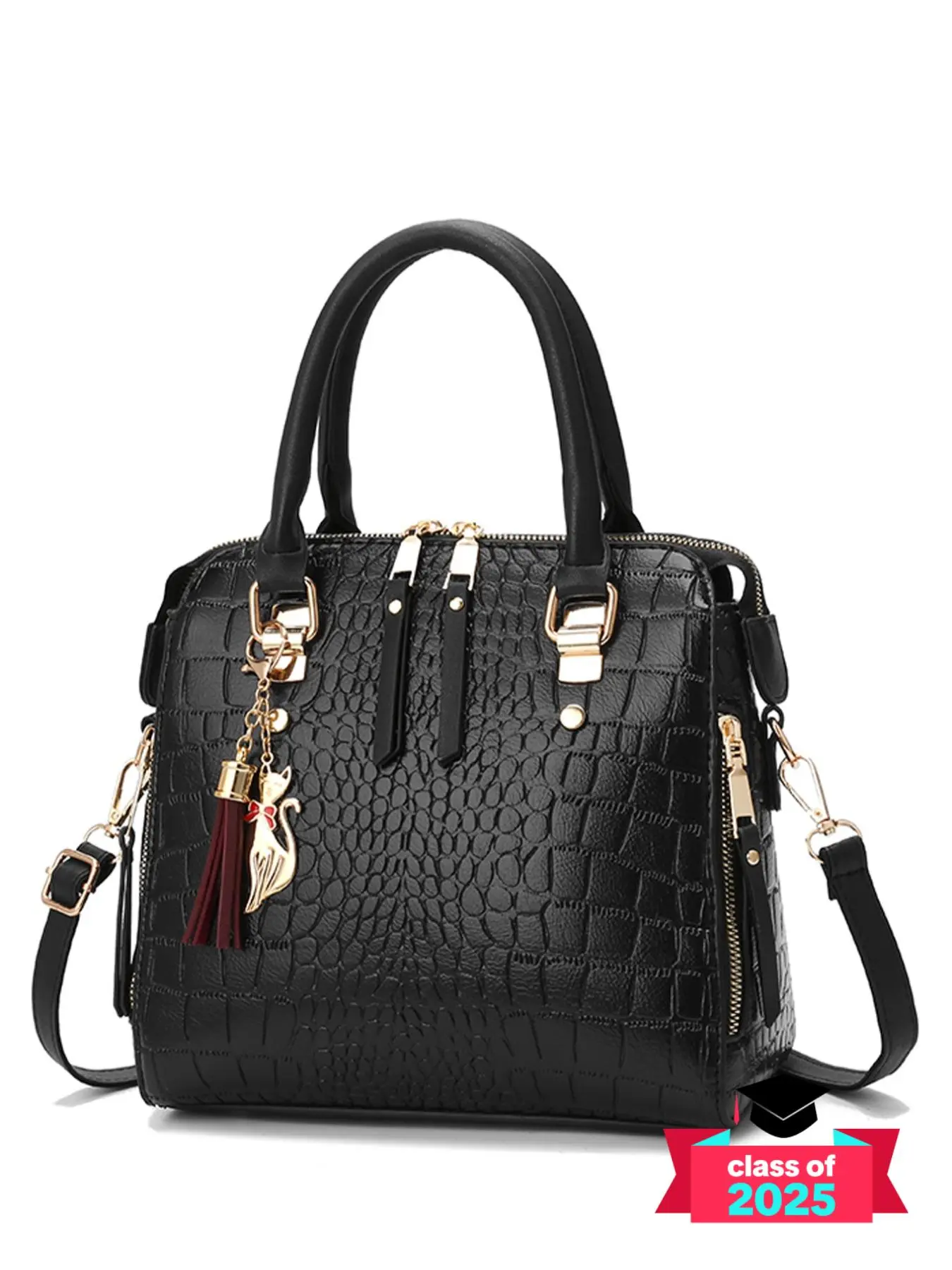 Women's Crocodile Embossed Handbag, Casual Plain Textured Zipper Handbag with Tassel & Animal Charm, Simple Design Pu Leather Crossbody Bag for Daily Used