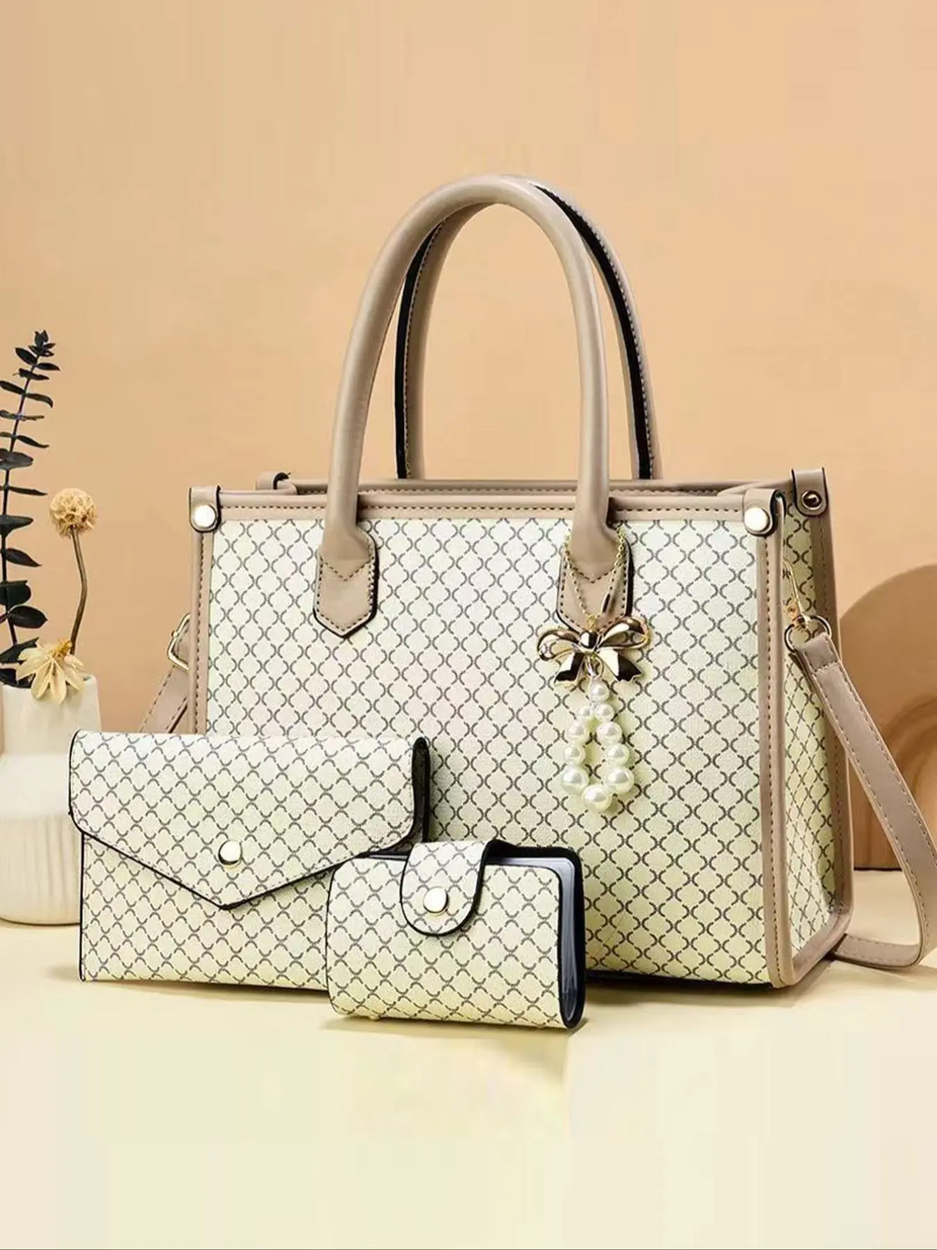 Women's Elegant Geometric Pattern Handbag & Crossbody Bag & Wristlet, Casual Trendy Versatile High-quality Daily Commuting Bag Set, Girl Fashionable Bag Set