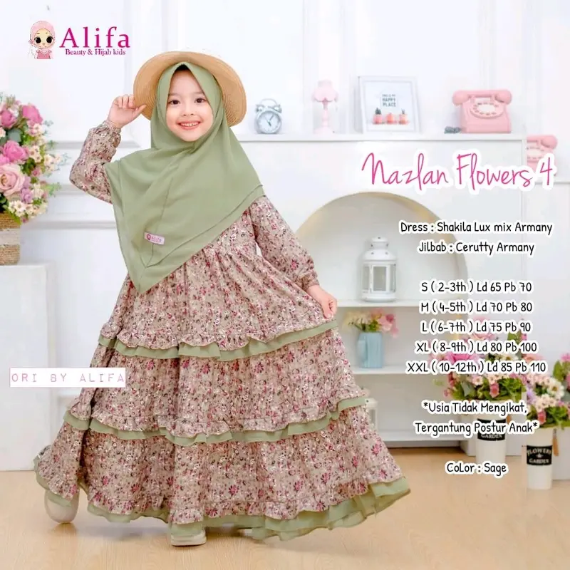 Nazlan Vol 4&7 Gamis Anak perempuan bestseller Bunga Alifa Kids Dress Shakila Rempel Muslim Motif Syari 1